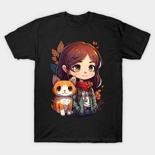 Cat & Girl Kawaii Anime Retro Fall Cat Lover T-Shirt